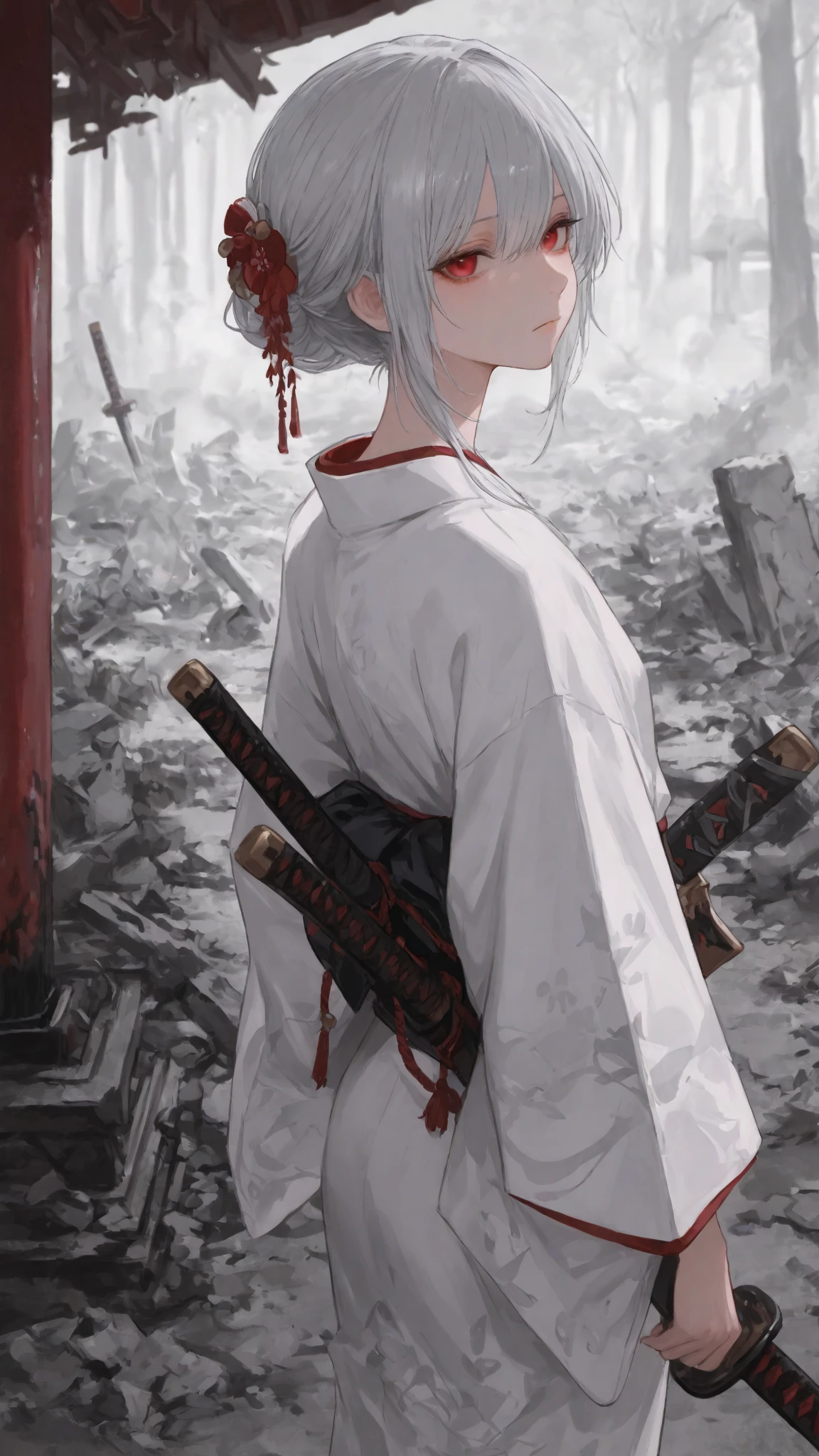 A girl in traditional Japanese dress, surrounded with bloody corpses, in the background a destroyed sanctuary, in the background a dark night