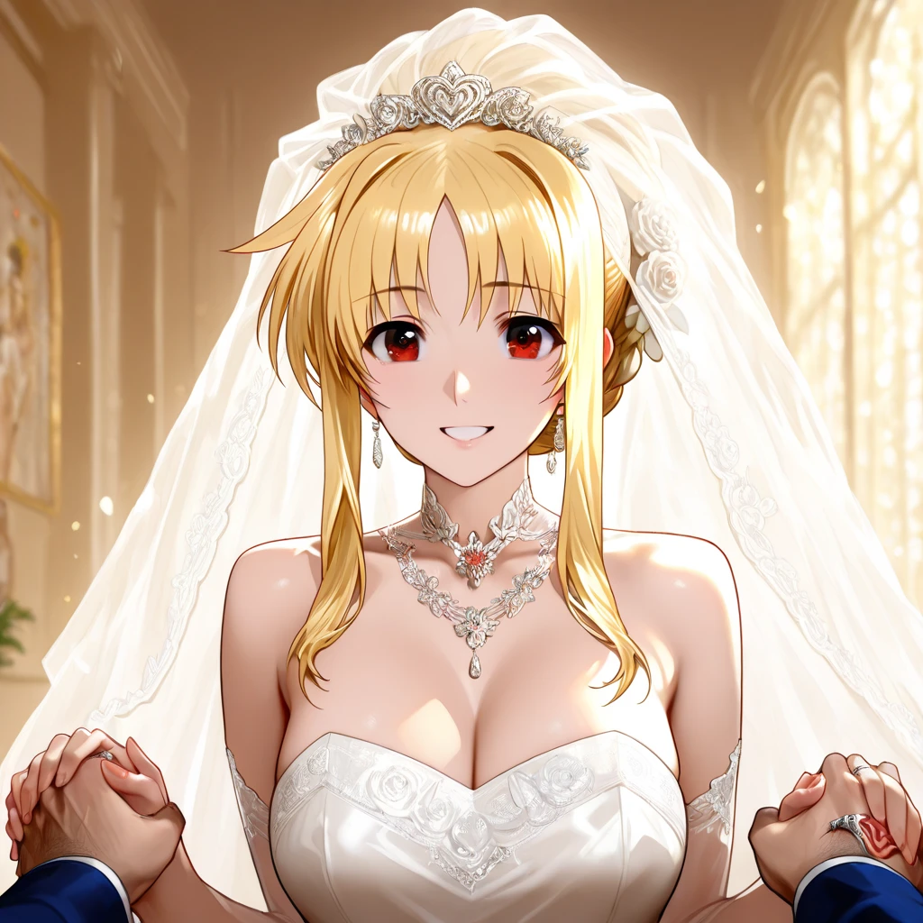 ((Highest quality)), ((masterpiece)), (detailed), (Perfect Face)、The woman is Tiare, has green eyes, medium-long blonde hair, and is wearing an engagement ring.、The woman is wearing a gorgeous, dazzlingly jeweled wedding dress, a wedding veil, a gorgeously jeweled wedding head dress chain, gorgeous jeweled earrings and other gorgeous, dazzling accessories, and is being led by a dignified, bearded, elderly man down the red carpet aisle in a gorgeous church to hold her wedding ceremony.、The man is a dignified, bearded old man, very wealthy, dressed in luxurious clothes and wearing an engagement ring.
