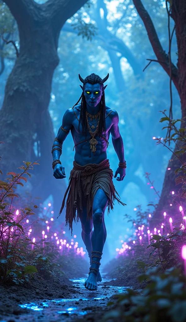   male tiefling druid with blue skin, dark blue hair, dark blue horns, hairy , full body