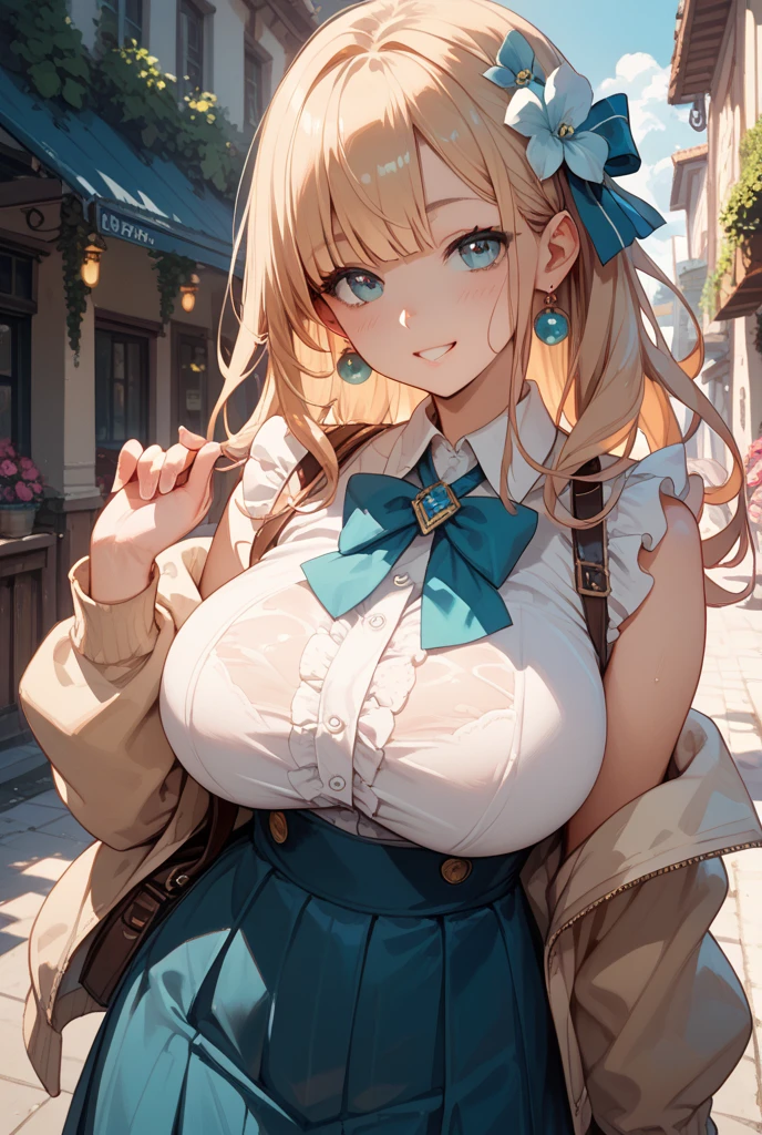 (masterpiece:1.2), (highest quality:1.2),, Curvy but slender body, perfect eyes, perfect face, perfect lighting, 1 girl, long hair, curly hair, fine clothes, detailed outdoor background, compensate, eye shadow, thick eyelashes, fantasy, (maid)、whole body，alice in wonderland、blue sky、Bright and beautiful face、young shiny glossy white shiny skin、the best beauty、the most beautiful bright blonde hair in the world、thin hair、super long straight hair、Shining beautiful bangs、Shining crystal clear big blue eyes、Very beautiful lovely 17 year old most beautiful girl in the world、big and full breasts、a sexually excited look、A sexually seductive look、open your legs、((she shows her pussy、no panties、lift the skirt、city sidewalk、she is seducing))