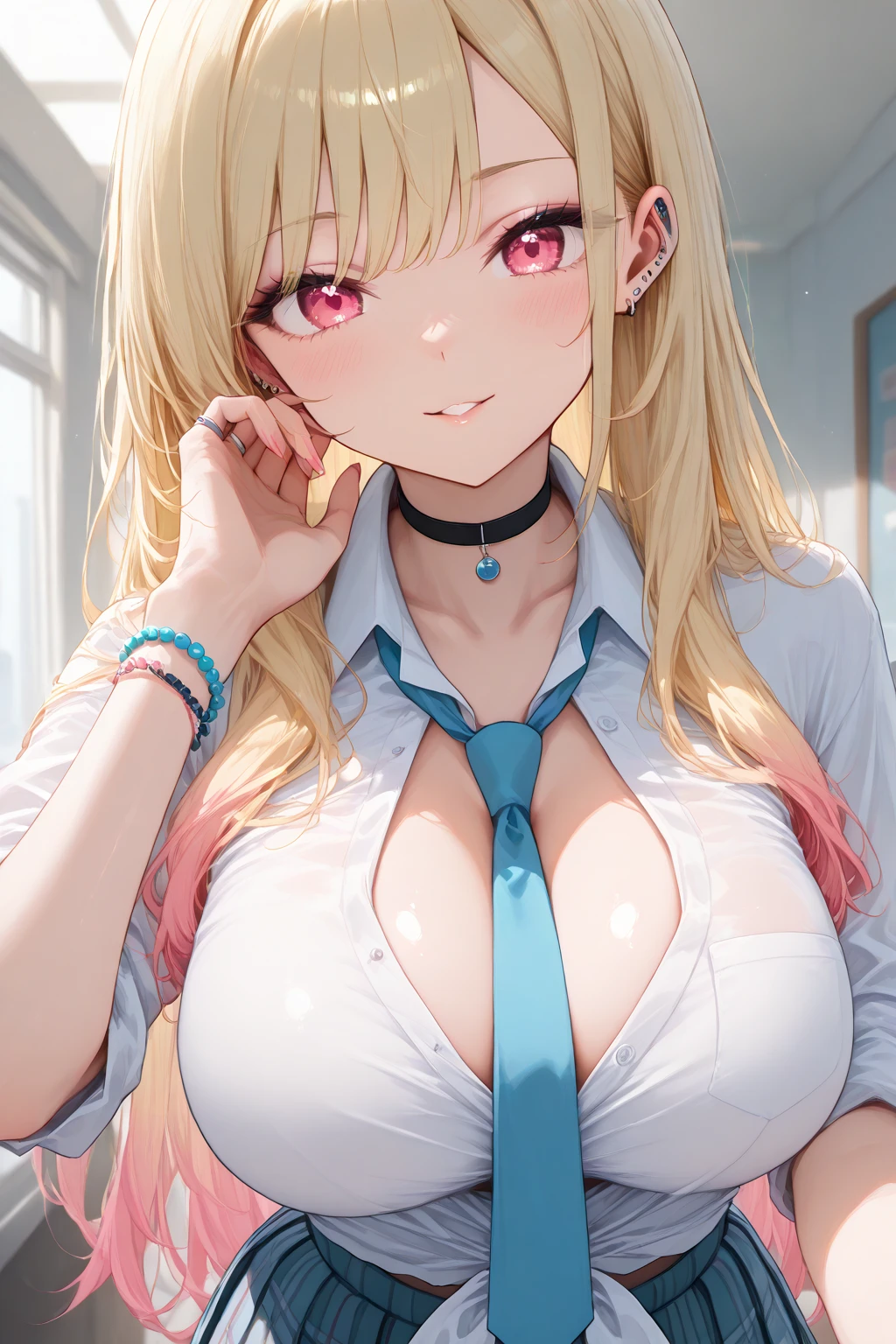 (highest quality:1.2,evil lady,cg, Very detailed, High Detail, digital coloring, High Contrast, masterpiece:1.2,suits, highest quality, Best aesthetics), 8k,masterpiece, cute,tall,beautiful,best quality, 1lady,blonde hair,long hair,wavy hair,empty eyes, (finely detailed glowing eyes and detailed face),,,,extremely detailed cg unity 8k wallpaper,solo,(latex military costume:0.9),large breasts,seductive smile,,latex thighhigh,large breasts,black hair,pink eyes,no jacket,formal shirts,thighhigh,,enamel suits,grossy lips,sitting,tight skirt,sadistic smile,,heel,shiny skin,tight skirt,detailed face,beautiful body,,adult,,show me breasts,sadistic,seductive smile,business suits,latex,no tie,bust shot,open mouth,necklace,office room,from above,burikko pose