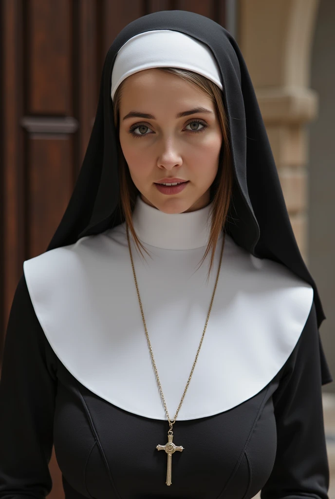 photorealism:1.2), beautiful woman, church nun, long hair, sexy dress, medium chest,slim, Silky hair, open chest, nipples shown out