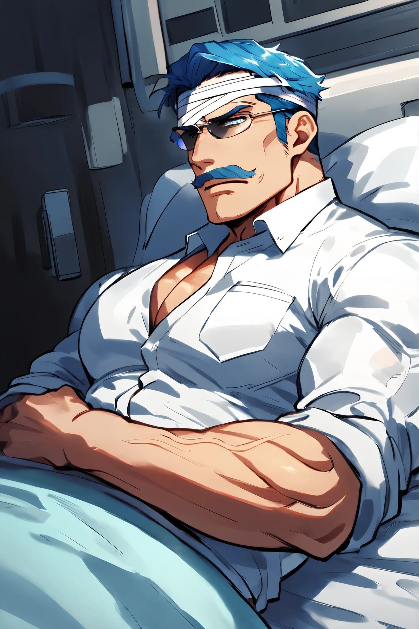 A middle-aged mafia boss man, he is injured head, he is hospitalized patient, Detailed face, Captivating look, moustache, Masculine face, Muscular body, Prominent veins, wearing white shirt and yellow tie and dark bule pants, blue hair, aqua color eyes, sunglass, alone, lying down on the bed in the hospital at midnight, only a man, Captivating butt, A lustful look, bandaged head, he is suffering from badly fever