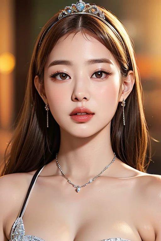 (8k, best quality, masterpiece, ultra highres:1.2),detailed gradient eyes, portrait, a beautiful k-pop idol, 20yo, cleavage, standing, looking at viewer, night pool background,