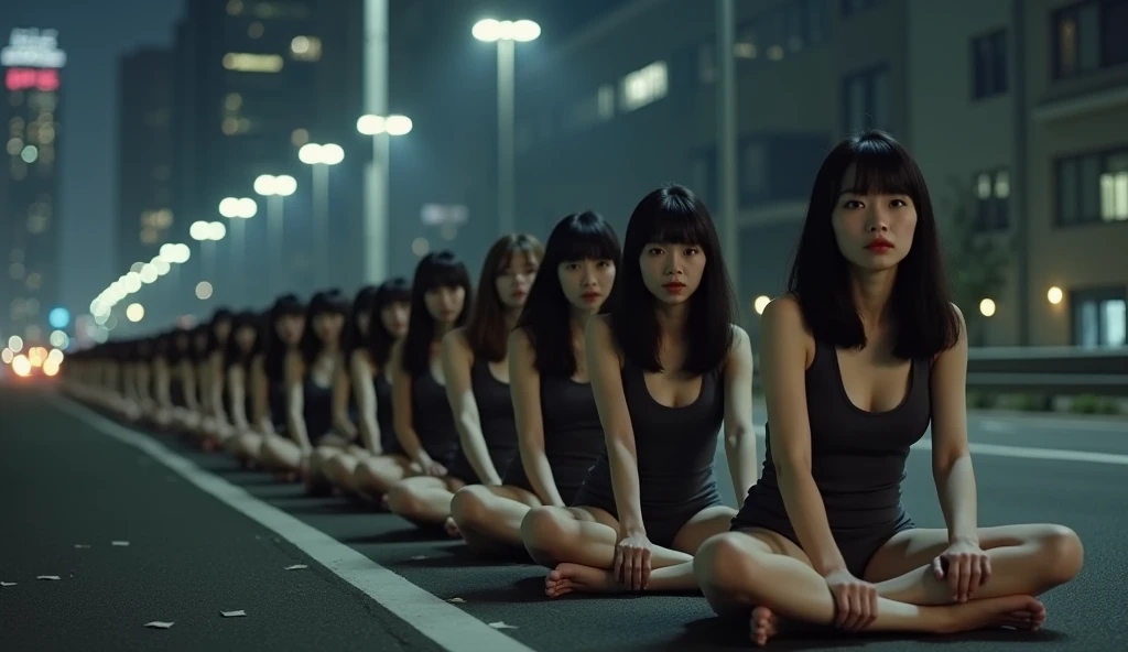 a line of 15 Asian women, all next to each other, their faces look sad, they all have their hands crossed in front of their legs, they wear very short yellow skirts and a yellow bra, the line of women is positioned at 45 degrees from the camera, the camera is very far from the women