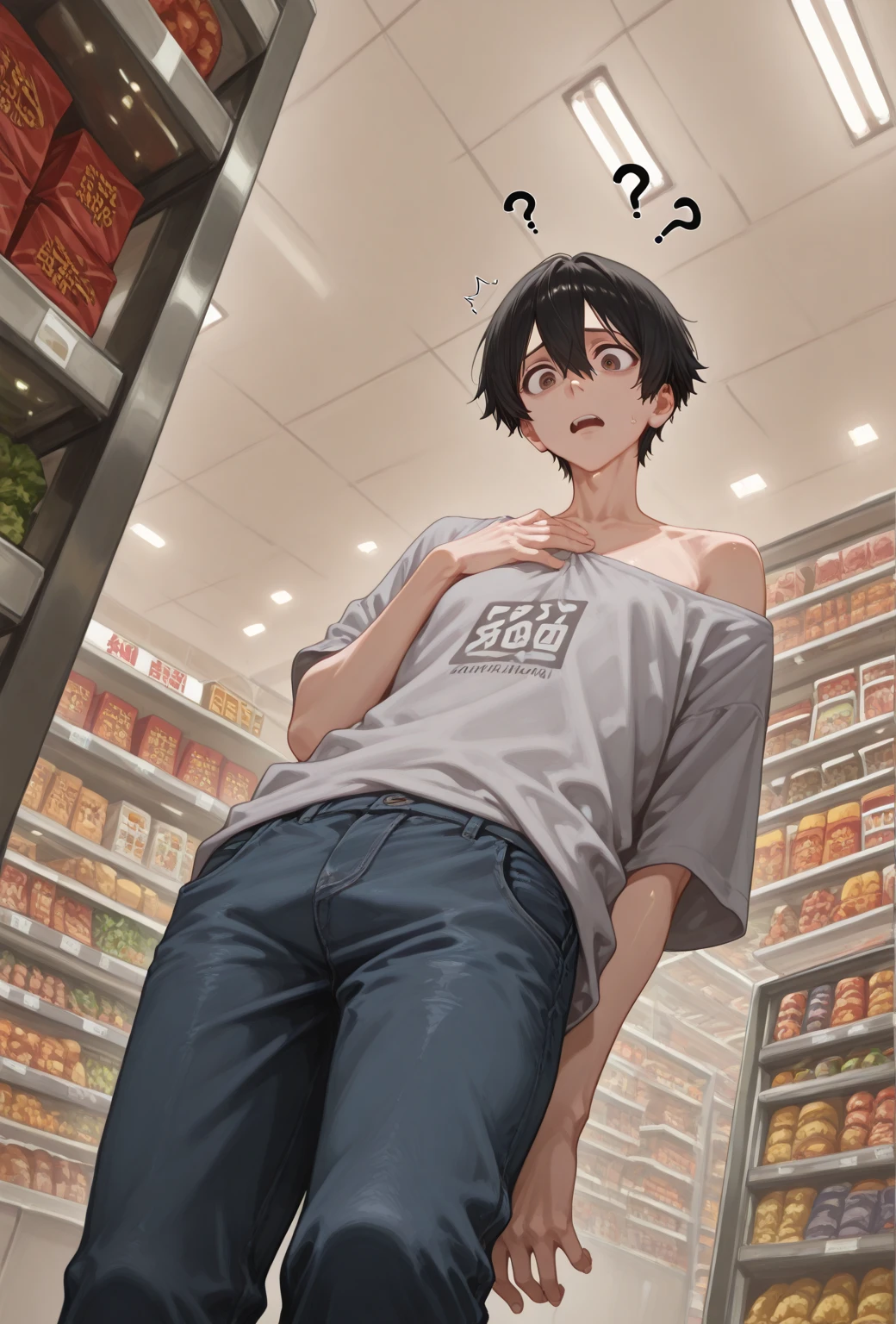 Realistic、beautiful、1boy、 Japanese male、Handsome、Completely naked、Full nudity、Sad look、Hide the penis with both hands、Inside the Seven-Eleven store