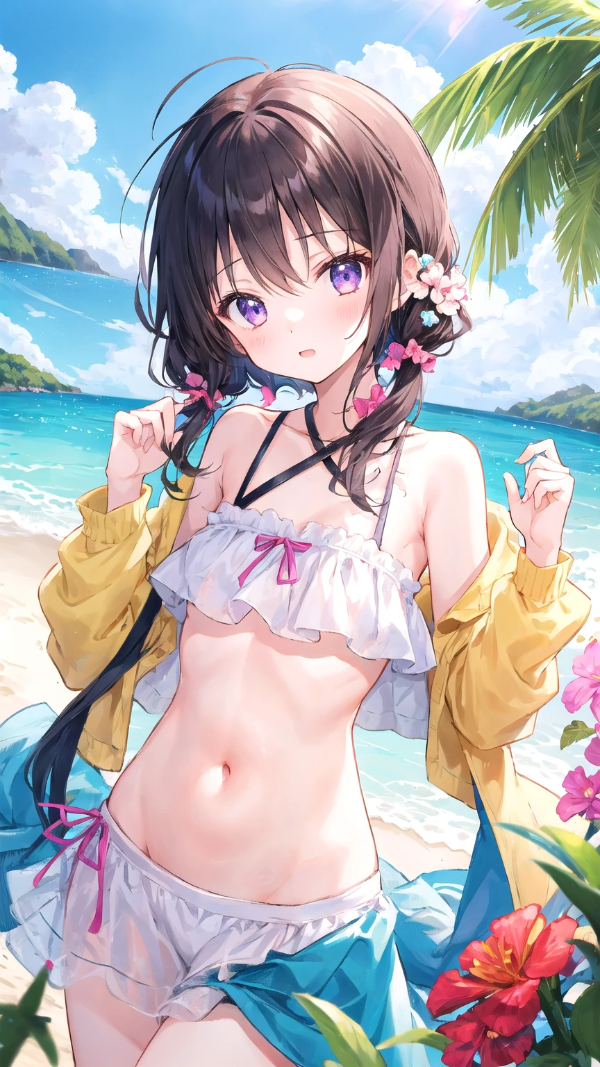 Highest quality、Very delicate and beautiful、Very delicate and beautiful、(Beautiful eyes)、Pink Eyes、I、I、、13 years old 、Japanese、、Chiquita、(armor)、(Black Hair)、((Pink Bikini))、（High leg）、Tiara on head、Laughter、standing、Look forward、((The background is outer space))