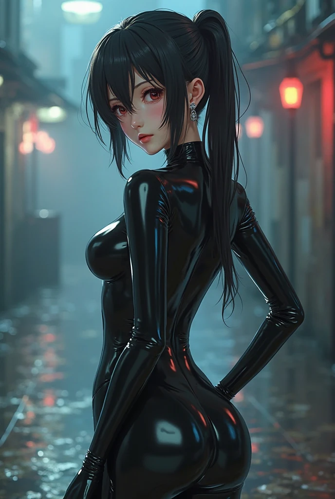 NSFW、One Girl、(20-year-old woman)、Cat ears headband、Shiny tail、Black enamel high leg suit、Ultra-thin suit、Skin is transparent、squat、Cat Pose、Black cat、City、Back alley at night、Green Eyes、Beautiful eyes、Laugh with fangs out、Faces aiming for prey、Looking from above