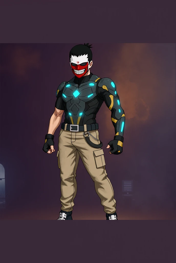 Muscle man, short black hair, blue eyes, black hood, black face mask, black and dark green cueter, spy