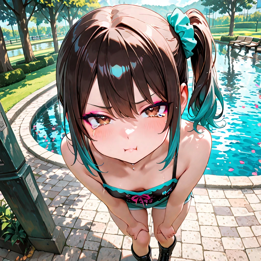 1 lady, HD quality, anime, solo full body shot, beautiful detailed face, (sitting with hands back:1.3), (open legs to limit:1.3), (with one knee up:1.3), (showing pubic area:1.6), (under boob:1.5), (Large breasts), (cleavage), shiny skin, (oiled skin:1.5), smiling, (thin thighs:1.8), (Sailor uniform only for the upper body:1.5), (Crop Top sheer white shirt:1.5), (sleeveless:1.6), without brassiere, (sheer white tiny micro thong:1.5), poolside, (Green detailed eyes), blue sailor collar, high-heeled shoes, red ribbon tie