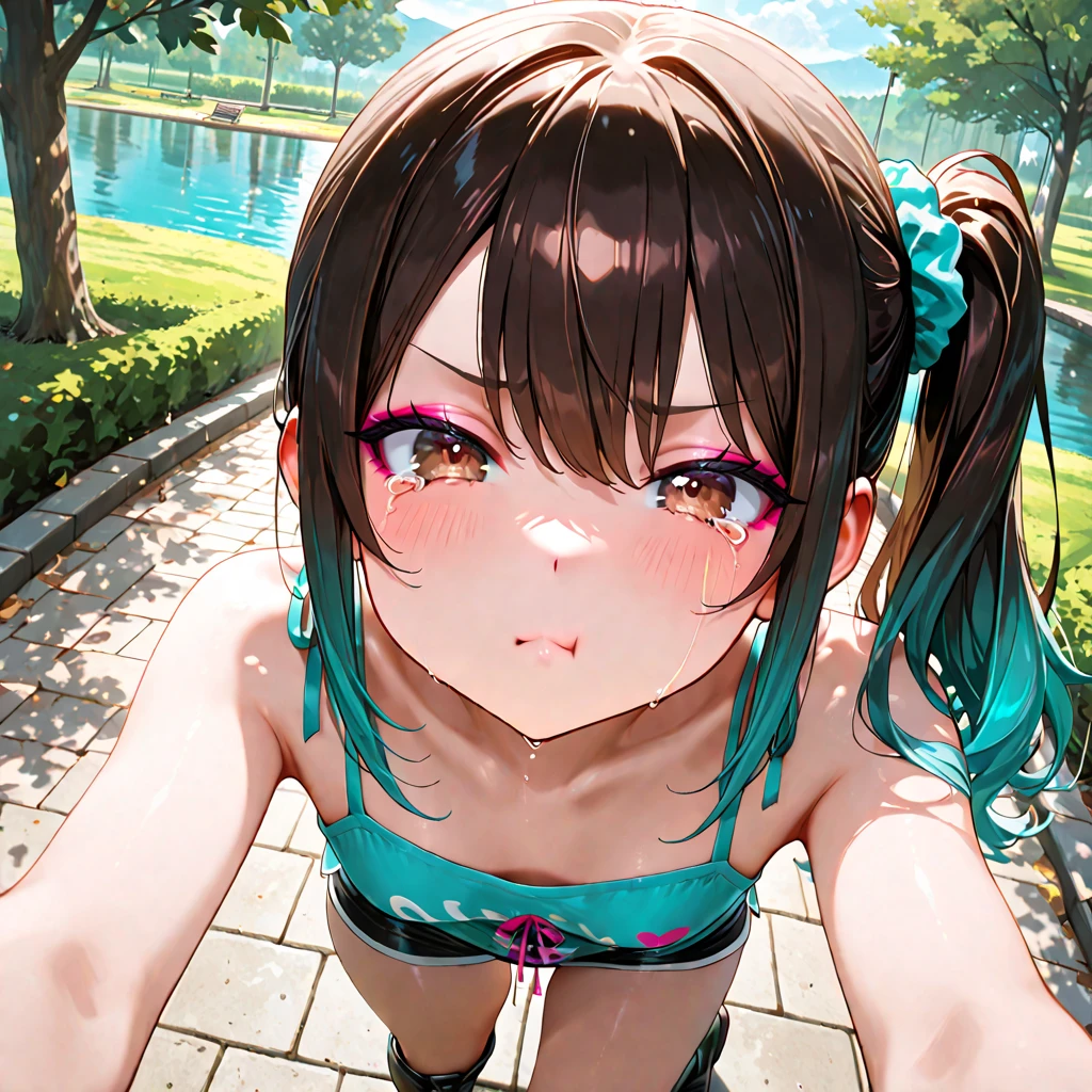 muste piece、highest quality、High resolution、nffsw、perfect pixel、1 girl、cute、perfect body、anatomically correct、beautiful eyelashes, realistic eyes、smile、((Clear pink heart pattern bra))、((Clear pink heart pattern panties))、wearing only underwear、Smooth texture:0.75、blue sky outdoors、I can see your panties、I can see your bra、bright overall、cinematic light、angle from behind、((Turn your buttocks towards you))、(crawl on all fours)、brown hair、semi-long