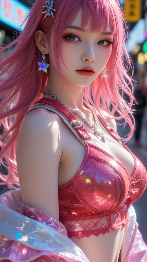best quality, masterpiece, Big , (Large Breasts), Delicate skin texture, Detailed fabric texture, Delicate face, Super Detail, 8k, Intricate details, 1 Girl, 30 years old, High contrast, High resolution eyes, Pink Hair Goddess,Royal sister,Sexy body。