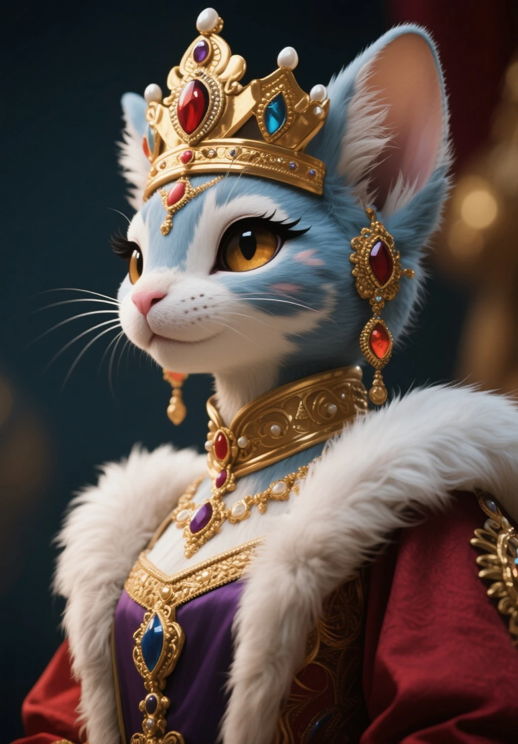 female, mouse head,green eye,(furry:1.5), snout, portrait, fantasy, medieval, cgi, realism, hair, (big chest covered:1.2), bust shot, queen, inner cloth,