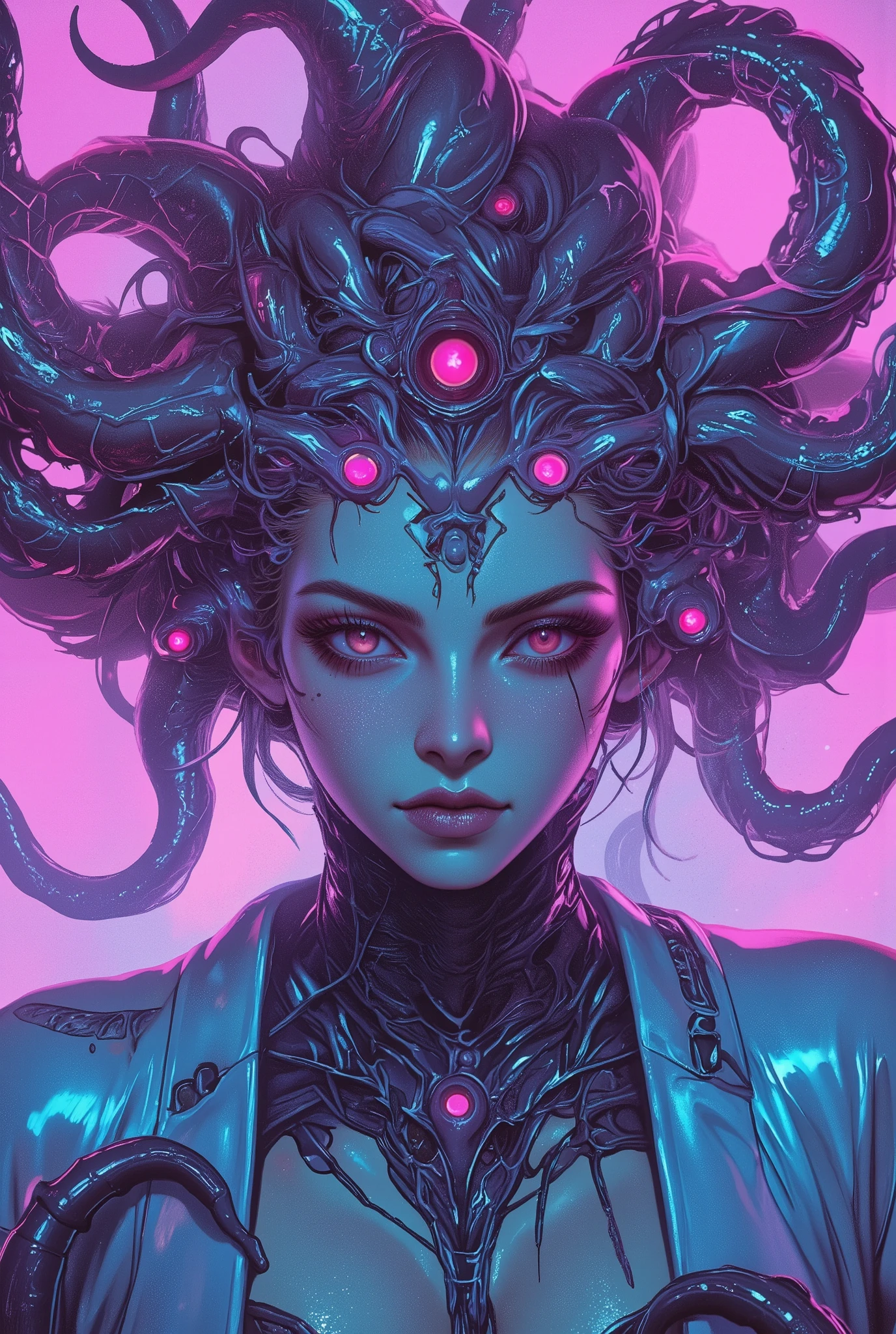 neon colored, (photos realistic:1.7), (1 beautiful and erotic female alien:1.4), (There is a female genital-like organ in the middle of her forehead:1.95), She has medusa-like hair, (there are lots of translucent tentacles from her head like her hair:1.5), wearing kimono, (vulgarity1.7), (she is looking down at viewers with glowing red eyes with no pupils:1.6), (She has translucent pale skin:1.4),(She has the most beautiful face in the history of the universe:1.2), (She has multiple bioluminescent organs on the side of her tentacles:1.4), (Her body is covered with an iridescent exoskeleton:1.4), (She is showing her arm pits:1.6), an evil gaze that seduces, (looking down at viewers:1.4), (bio luminescent:1.4), (Smile wickedly:1.3), (ypose:1.4), cells are fused, extraterrestrial, cell, bio image, ultra high resolution, Beautiful eyes with fine symmetry,(Highly detailed face and eyes:1.2),(Super detailed skin quality feeling:1.4), perfect anatomy, (Beautiful toned body:1.5), (Moist skin:1.2), not wearing makeup, (dark circles:1.1), cinematic drawing of characters, cinematic quality, (exquisite details:1.2), high resolution, High freshness, drawing faithfully, official art, Unity 8K Wall paper, ultra detailed artistic photography, midnight aura, unreal engine 5, Ultra Sharp Focus, art by MUCHA, art by Amano Yoshitaka, ArtGerm, ultra realistic realism, dream-like, Creation of (Numerous award-winning masterpieces, with incredible detail, textures and maximum detail), Dramatic Lighting, cinematic quality, (exquisite details:1.2), High freshness, drawing faithfully,, dream Snail, (biopunk nautilus:1.3),Thrilling color schemes, seductively smiling, Amazing mutation, well-proportioned body, goddess of the deep sea, fractal, Geometric pattern, impossible figures, subtle emerald green accents, (expression of ecstasy:1.5),