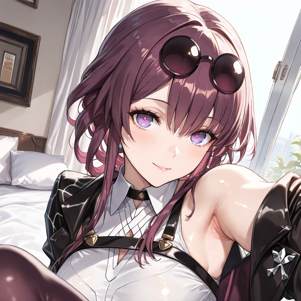 masterpiece, best quality, kafka, purple eyes, sunglasses on head, black jacket, collared shirt, black shorts, pantyhose, boots, all fours, pov, large breasts, glowing eyes, furrowed brow, smile, seductive <lora:kafka-nvwls-v2-000012:0.9>