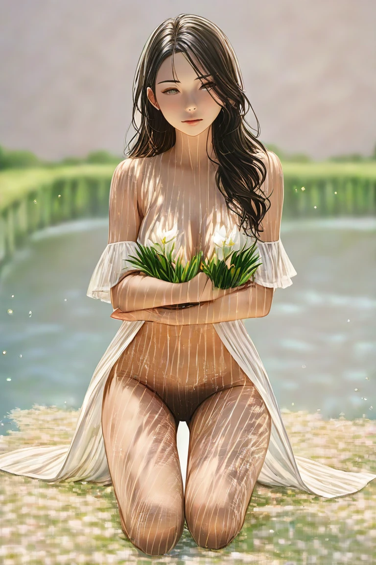 Yami Gautam, young, beautiful, completely naked, in a garden, bending to pick flowers from the ground, flower trees in background, full body view, head to toe, long brown hair , front view, daylight, realistic, shade lights, high resolution, by Louis Royo, by Boris Vallejo, by Frank Frazetta