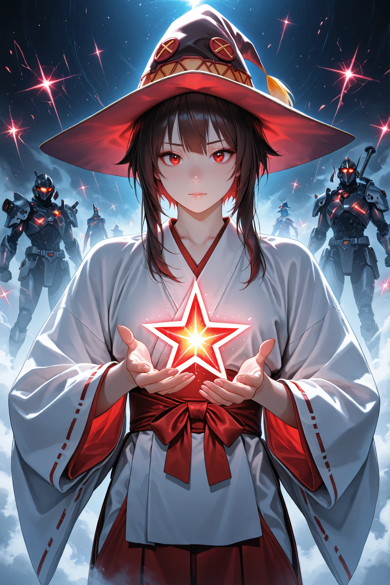 Megumin, (1man, ((Womens, miko, witch costume))), (masterpiece, detailed:1.2), (((Magnum, bullets that exterminate evil spirits give off dazzling light, bullets shine brightly and create a five-pointed star, Among them,))), glowing ethereal effect, semi-transparent, fog-like texture, soft edges, mystical appearance, visible background through the body, magical atmosphere, gentle lighting, pinnacle of art, masterpiece, top quality, Ultra High Definition Painting, 4k, 8k, dynamic picture, perfect body, shiny skin, depth of field, movie composition, movie-like performance, ((dynamic situation)), perfect lighting, (perfect finger, delicate hands, perfect cytology :1.2),