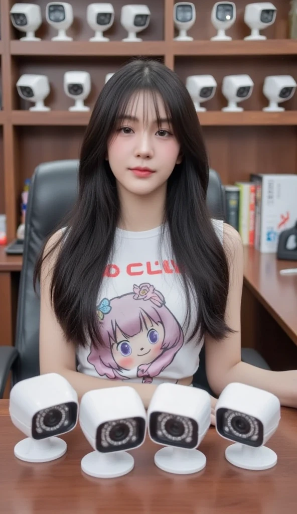 hyper hard disk, masutepiece, High quality, high details, Best Quality, hight resolution, hard disk, 32K, 16 K, 8K, 4K, sweet girl with white skin, brealist,smile at camera,18 years old,japanese,sitting on a black and pink gaming chair, facing the gaming computer looking at the viewer, wearing a pastel blue t-shirt and short denim shorts, left leg bent over the chair and right leg under the chair