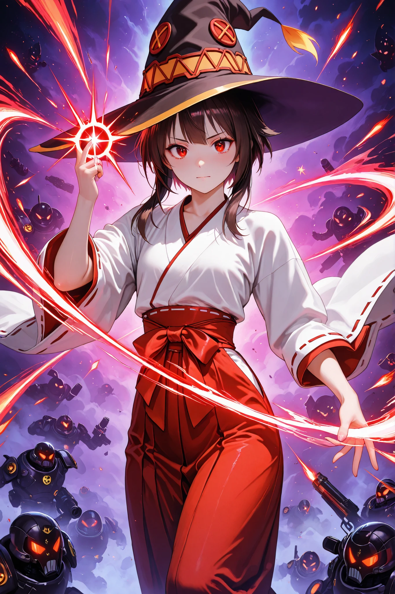 Megumin, (1man, ((Womens, miko, witch costume))), (masterpiece, detailed:1.2), (((Magnum, bullets that exterminate evil spirits give off dazzling light, bullets shine brightly and create a five-pointed star, Among them,))), glowing ethereal effect, semi-transparent, fog-like texture, soft edges, mystical appearance, visible background through the body, magical atmosphere, gentle lighting, pinnacle of art, masterpiece, top quality, Ultra High Definition Painting, 4k, 8k, dynamic picture, perfect body, shiny skin, depth of field, movie composition, movie-like performance, ((dynamic situation)), perfect lighting, (perfect finger, delicate hands, perfect cytology :1.2),