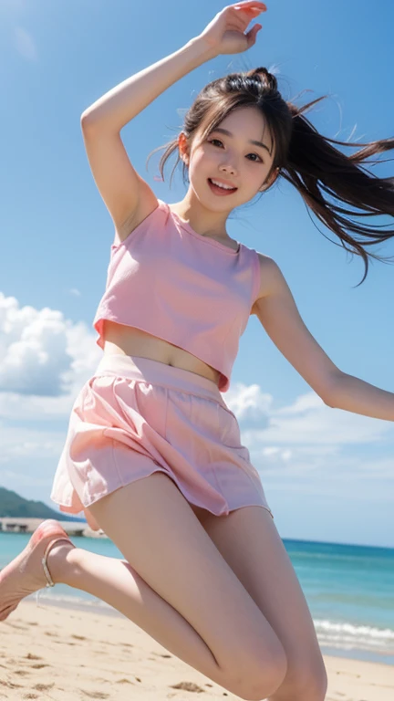 (RAW Photos:1.2), (Realistic:1.4),Beautiful detailed woman,非常にfine grainと顔, fine grain, Very detailed,High resolution, Very detailed,Highest quality,Unified,8k wallpaper,masterpiece,Highest quality,1 female,alone,rich,Whole Body Ezbian,(A little thick:0.9),Toned figure,,Tight waist,alone,(Pink one piece suit,mini skirt,High heels),Jewelry Necklace,Medium Long Hair,Spread your arms and legs and jump high:1.5、A kind smile,Realistic,On the Plateau