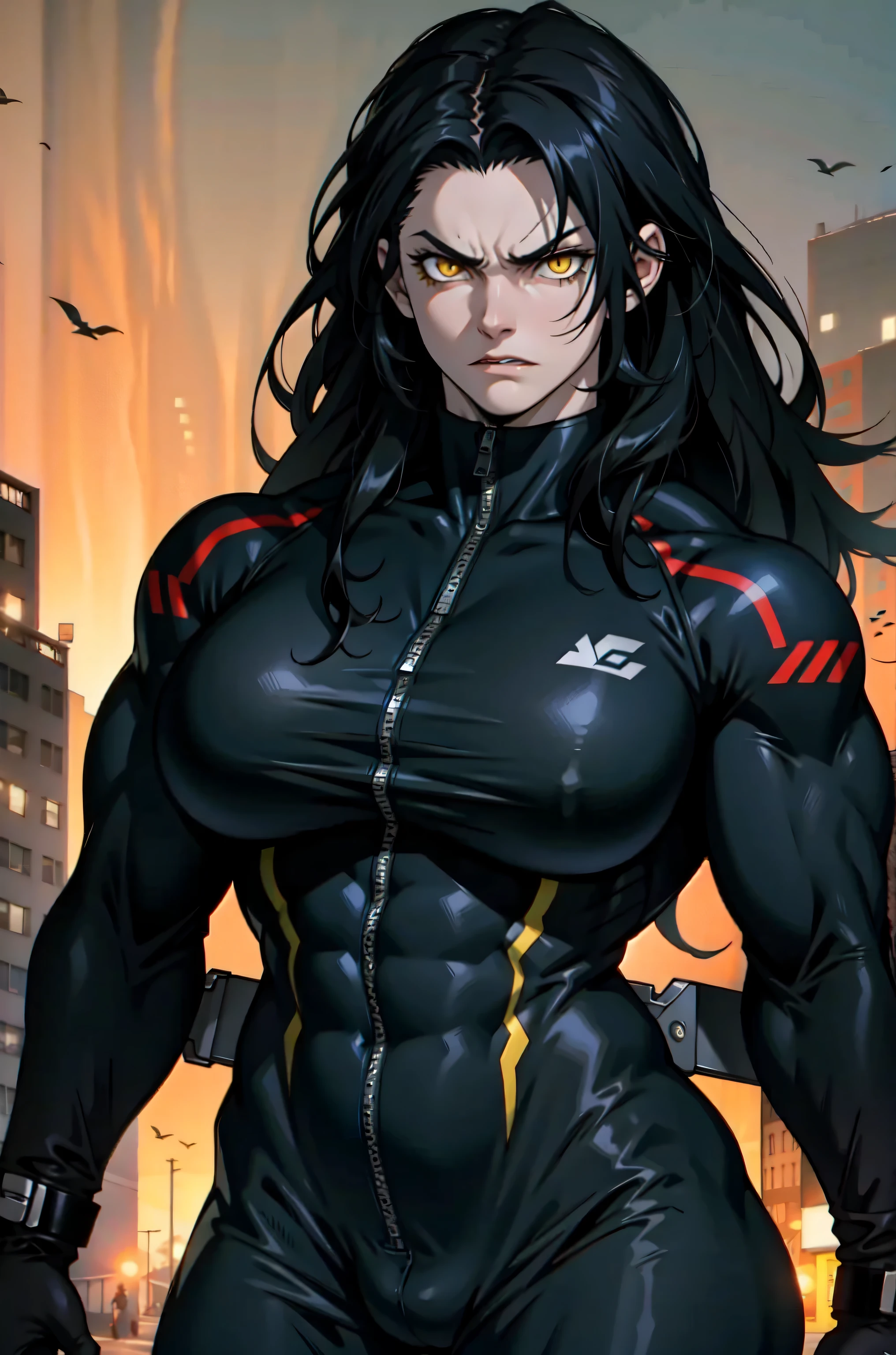 huge 1girl black hair yellow eyes very long hair pale skin angry (((muscular))) dark atmosphere foggy from above