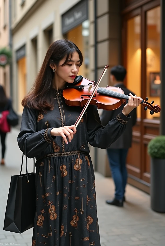 Mona Lisa violin, standing on the street begging, gentle expression, full body portrait, shoes, catwalk, masterpiece, highest quality, high quality, highly detailed CG unit 8k wallpaper, award winning photo, bokeh, depth of field, HDR, flood, chromatic aberration, realistic, very detailed, art station trend, CGsociety trend, complex, high detail, dramatic, midway art, volumetric lighting