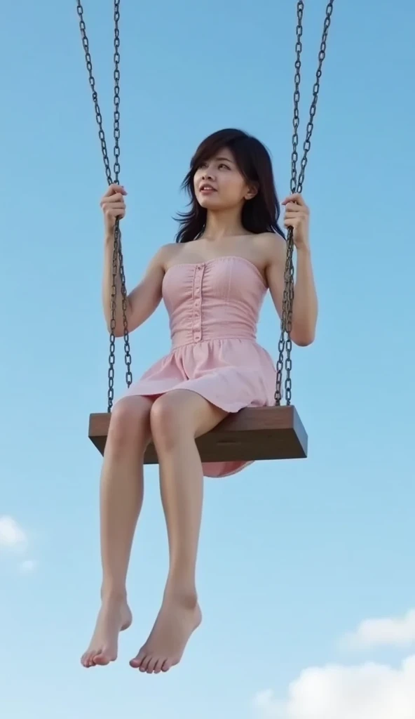Little girl on top，Looking down，from below，White light panties，Three-point underwear，sitting on a swing，Crotch view，bottom angles，Mocking expressions，Smiling，White light bandeau，Large angle upward view，the sky background