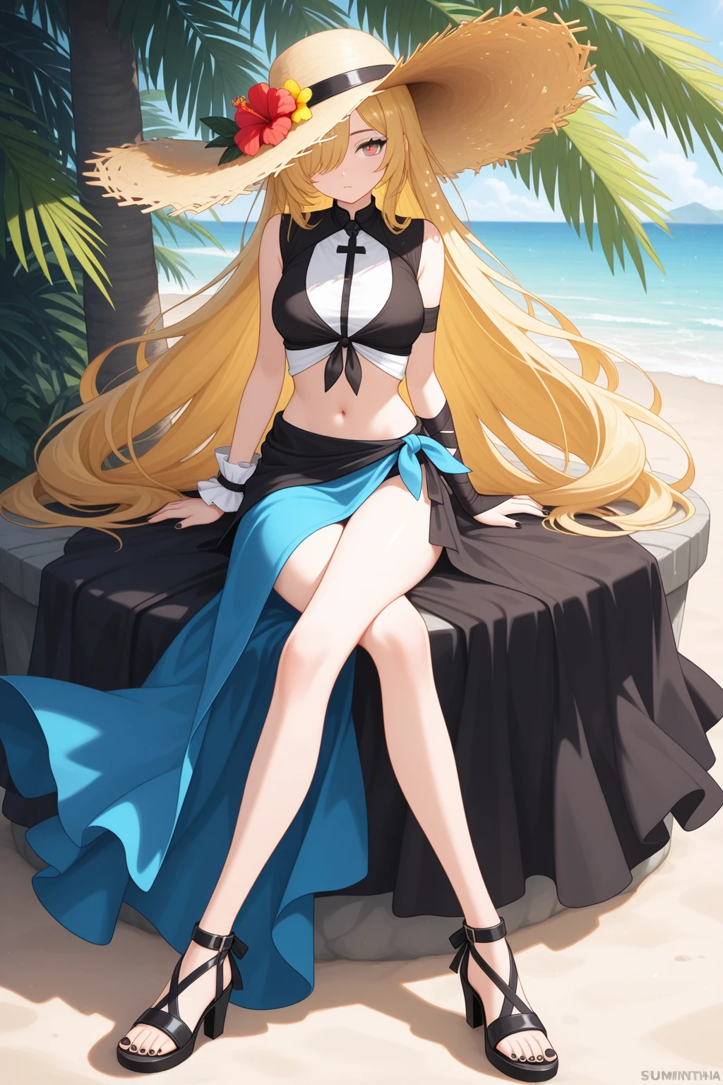 (masterpiece, best quality, very aesthetic, absurdres, :1.2), (1girl, blonde long hair:1.3), kawaii, blushing, crying with defloration, (sad despair smile:1.0), lost_virgin blood from pussy, (defloration blood:1.3), A beautiful woman wearing a thin baby doll stands in the sunlight on a beautiful beach with blue sea and white sand. Her baby doll has an elegant and sexy design, beautifully highlighting her ample H-cup breasts and narrow waist. The delicate lace and chiffon of the baby doll sway in the wind, gracefully covering her white skin. Her face is very beautiful, her blonde hair shines in the sunlight, and her blue eyes blend in with the blue sky. Her expression is calm and confident, and her smile softens the atmosphere around her. Her skin is very white, soft and smooth, and shines in the bright sunlight. The beach is decorated with parasols and deck chairs, creating a relaxing atmosphere. She stands on the sand, posing with her legs slightly spread, enjoying the beauty of nature. The gentle sound of the waves lapping on the shore can be heard, and in the background, lush palm trees sway and the emerald green sea spreads out.