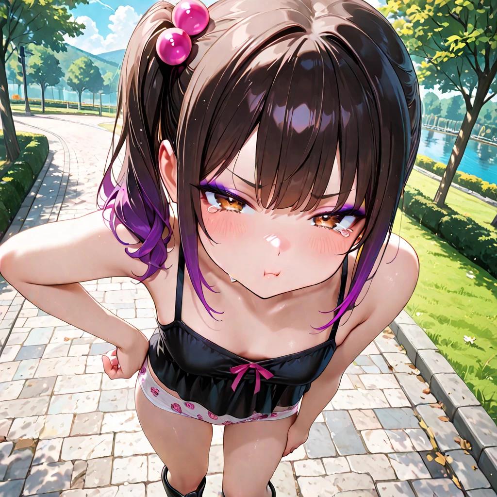 masterpiece, best quality, highly detailed, high resolution, expensive resolution, high resolution, 4K, 8k, uniform 8k wallpaper, highly detailed CG, masterpiece, 2D, 3D, beautiful details, depth, fine texture, best quality: 1.3, perfectly focused, crispy. skin, him, cute anime 20s girl, her name is Mei, idol, expensive brown short twin tails, mole under eye, looking at the viewer, cowboy shorts, expensive, blush, mole, plump lips, heart, pink eyes, heart shaped choker