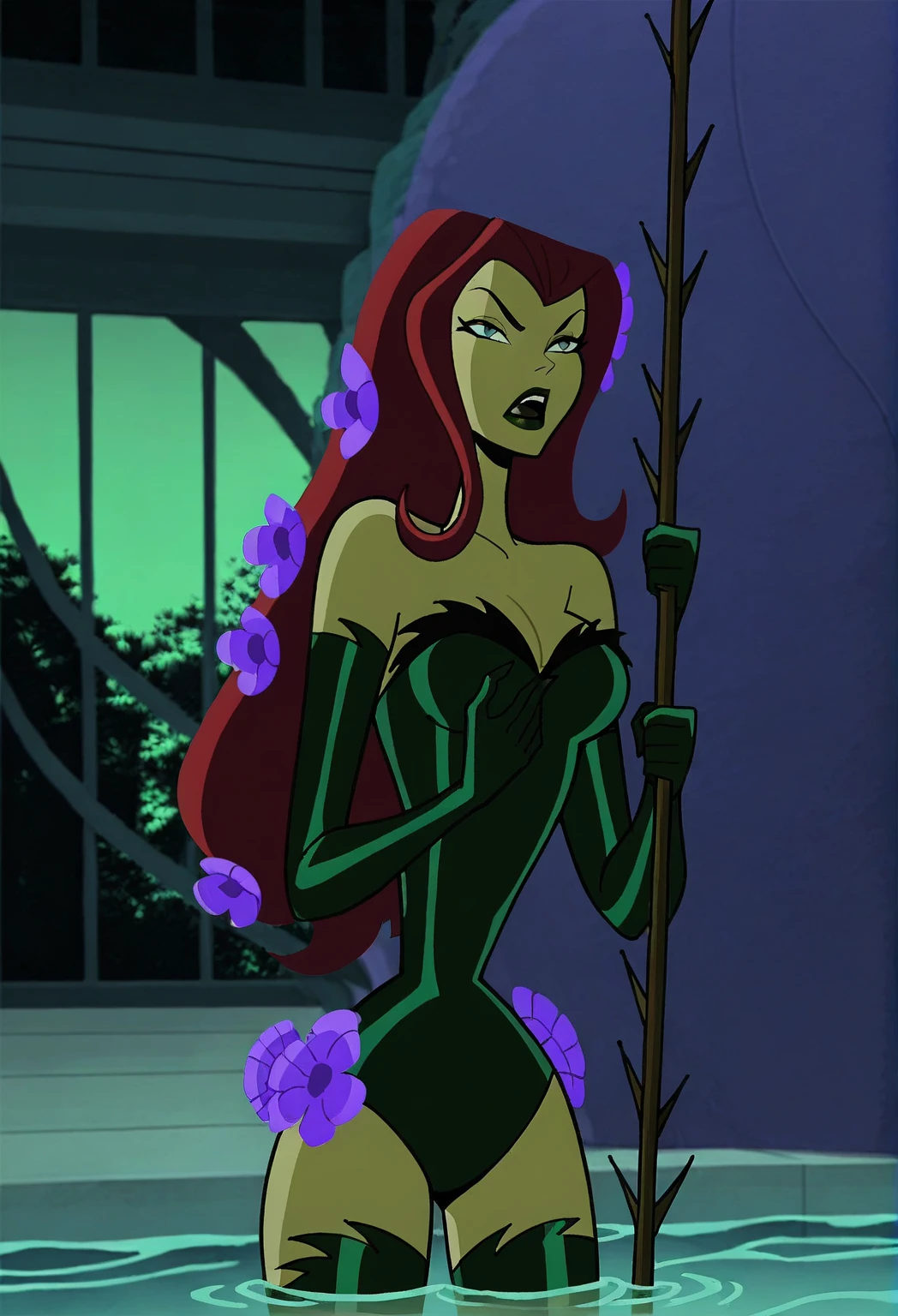 (8k, RAW photo, best quality, masterpiece:1.2), (intricate details), (best quality), (highres), ((perfect eyes)), full body shot, perfect face, perfect lighting, green eyes, vivid colors, intense colors, 1girl, cartoon style, poisonivy, solo, collar, choker, sexy, posing, seductive, leafy one piece swimsuit, beach
