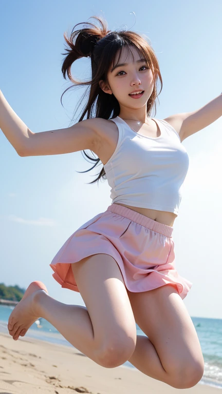 Highest quality、8K、No makeup、masterpiece、Ultra-high resolution、Clear photos、Realistic、Professional Lighting、(Very cute girl)、Cheerleader、smile、(Large erect nipples)、Ultra slim、Tight waist、Slender body、Thin legs、Brown Hair、smile、Field、Under the blazing sun、(タイトなCheerleaderのユニホームを着て)、(mini skirt)、(Jump towards the camera:1.8、Jump High:1.8)、(with legs wide open,)、(I flipped up my skirt)、(She gets excited and shows off her white lace panties)、Full body photo:1.4