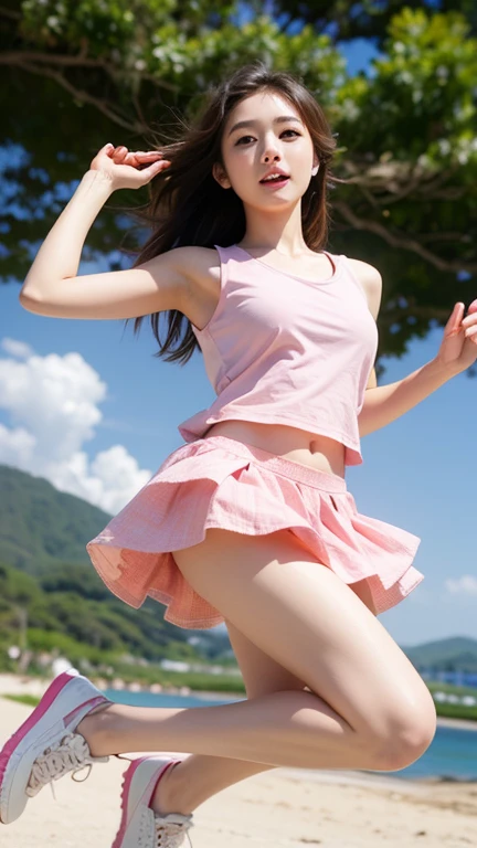 Malay girl, pink short dress, thighs exposed,white panties,shooting from below,wind from below,sky,