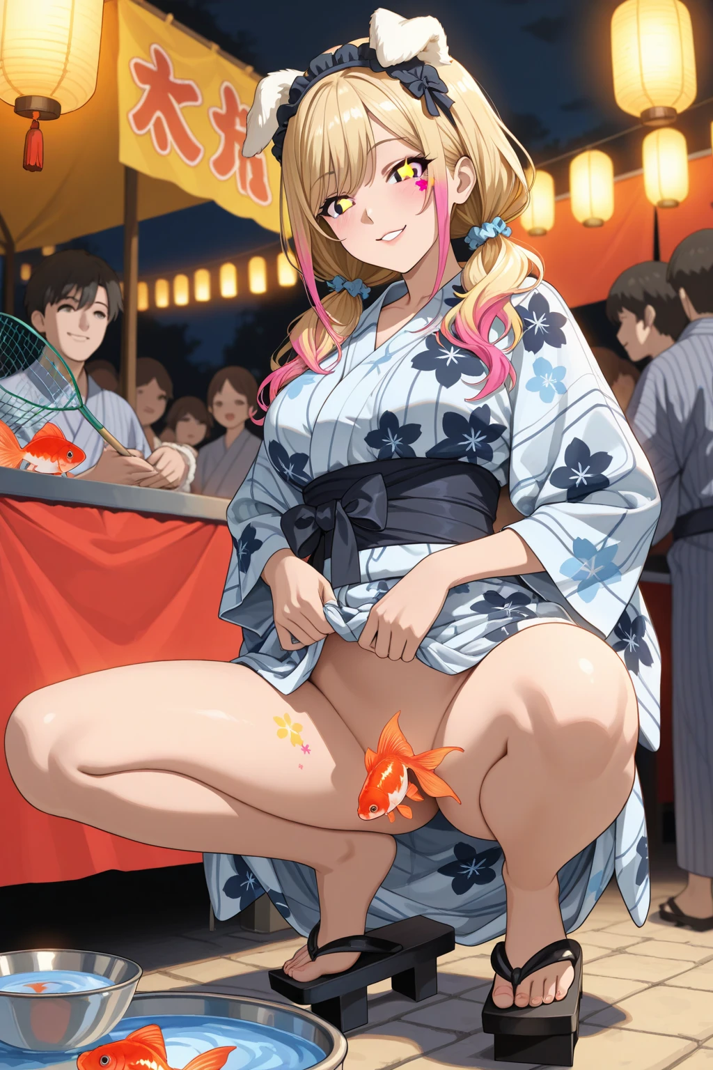 Anime painting,In the woods at a night festival, a blonde girl with twin tails wearing a pink floral yukata is picked up by a man and raped with a creampie,Highest quality,masterpiece,(((1man and 1girl,having sex))),A young and  10-year-old girl is violently raped and cums inside her, crying and screaming.,Obvious flat chest,Visible genitalia,Tears flowing,Her clothes are in disarray and her breasts are visible,A young girl spreads her legs wide in an M-shape