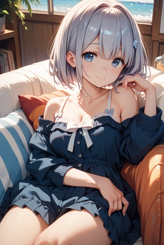 one girl、19 years old、silver hair、bob cut、unkempt、(Looks sleepy)、((Mysterious Beautiful Girl))、light blue pajamas、fox ears、bangs、blue eyes、((take your eyes off))、smile、cute room bed、from thighs to head、classic、aerial perspective、detailed picture、atmosphere、(transparent),(pure)、perfect hands、Hands without distortion、The fingers of one hand are5Book、