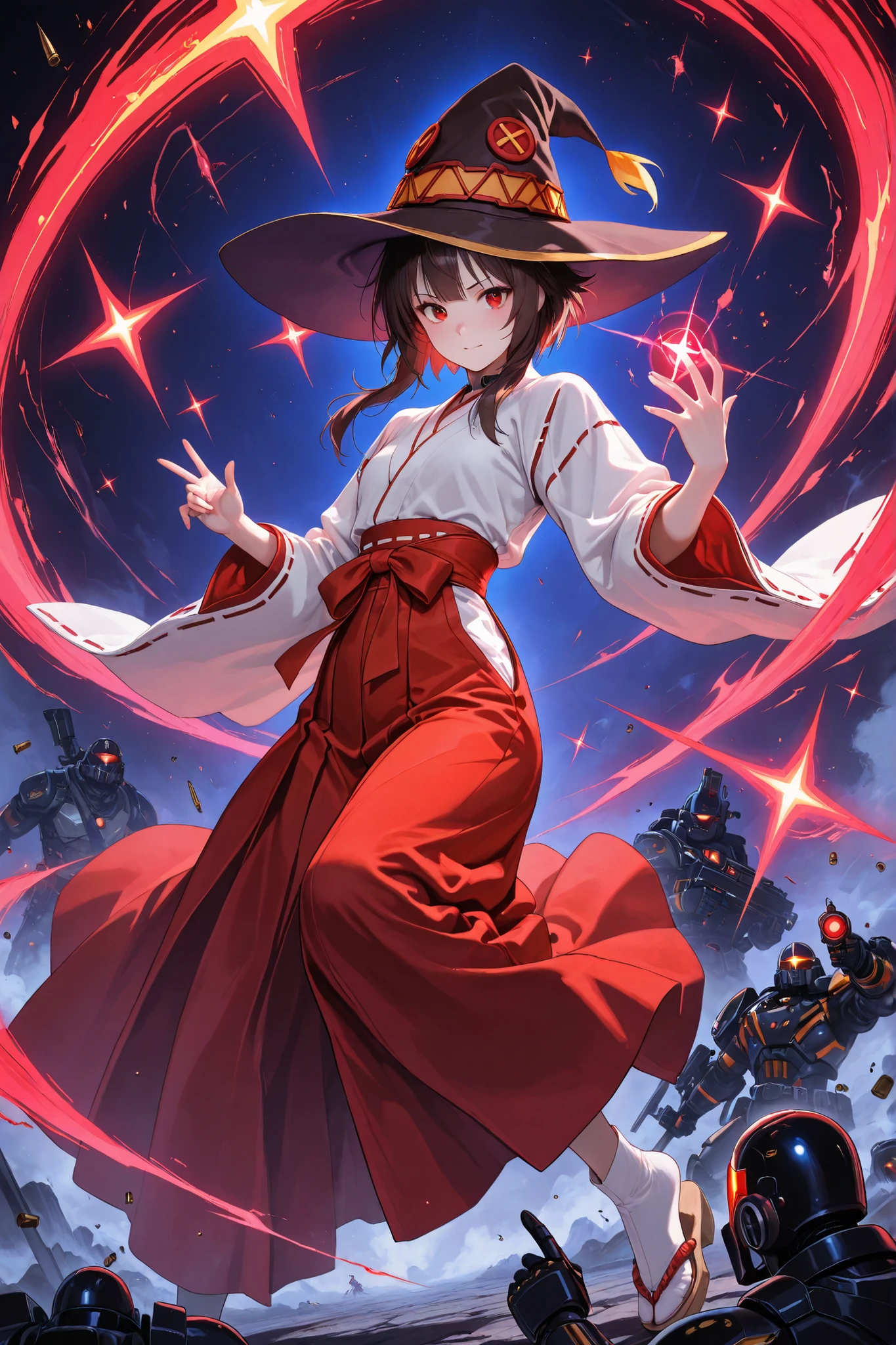 Megumin, (1man, ((Womens, miko, witch costume))), (masterpiece, detailed:1.2), (((Magnum, bullets that exterminate evil spirits give off dazzling light, bullets shine brightly and create a five-pointed star, Among them,))), glowing ethereal effect, semi-transparent, fog-like texture, soft edges, mystical appearance, visible background through the body, magical atmosphere, gentle lighting, pinnacle of art, masterpiece, top quality, Ultra High Definition Painting, 4k, 8k, dynamic picture, perfect body, shiny skin, depth of field, movie composition, movie-like performance, ((dynamic situation)), perfect lighting, (perfect finger, delicate hands, perfect cytology :1.2),