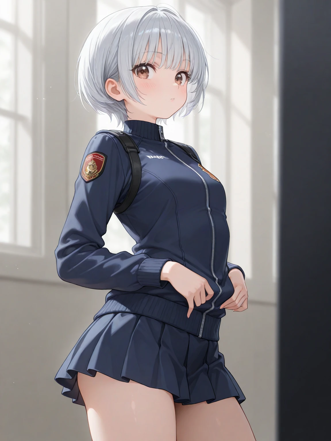 Highest quality, 1 person, uniform, short hair, white hair side tie_panties, Skirt blown in the wind, High school girls, School uniform, short skirt, cyan eyes, short stature, view from below