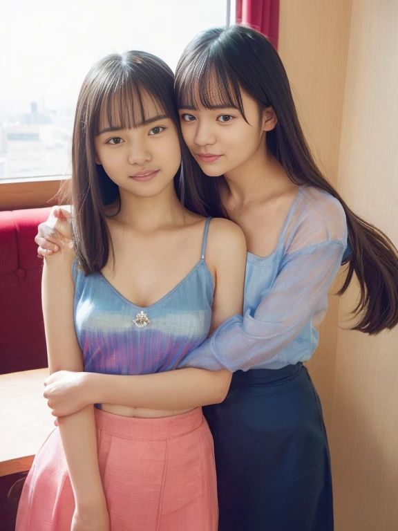they are two asian women posing for a picture together, yoshitomo nara and aya takano, ruan jia and fenghua zhong, ayami kojima and lyde caldwell, two japanese schoolgirls posing, with a twin, beautiful sci - fi twins, twins, huang yuxing and aya takano, beautiful gemini twins portrait, wu liu