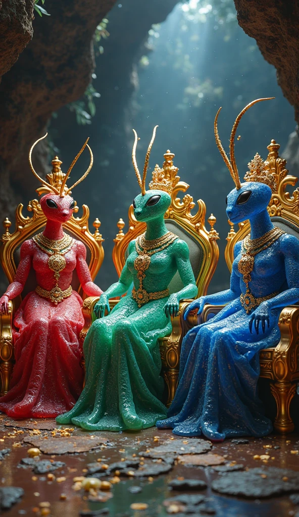 A throne made of emerald crystal tips and gold accent. Sitting on it is a female reptilian, wearing a well-crafted pointed purple crystal crown and gold accessories on her body The blue-eyed reptilian, has black scales and a slender, elegant body.
Beside him is a dark green reptilian warrior., wearing a red x-shaped stripe on the chest that goes down like a skirt, he carries his diamond sword