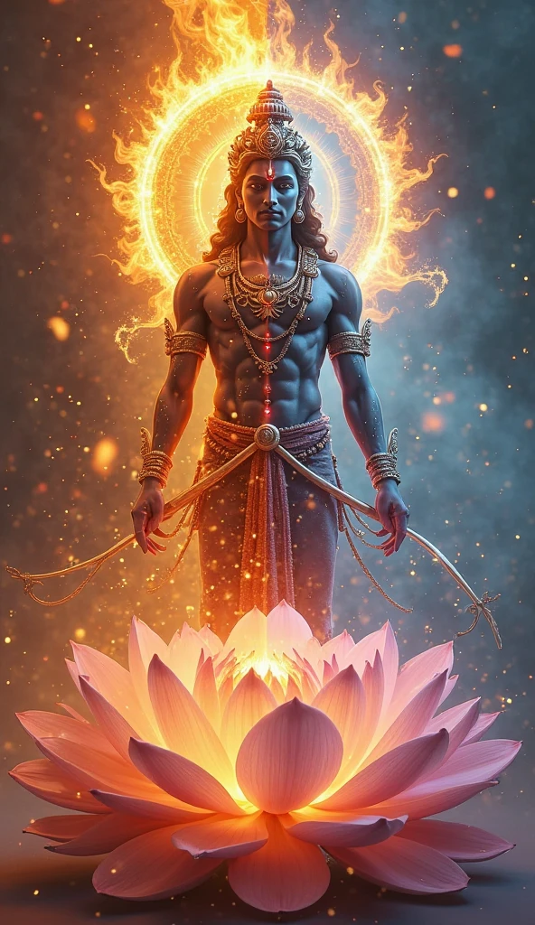 Vishnu in the Dawn of Creation: Vishnu emerging from the cosmic waters at the beginning of creation, holding a lotus flower from which Brahma arises, with the universe forming around him.