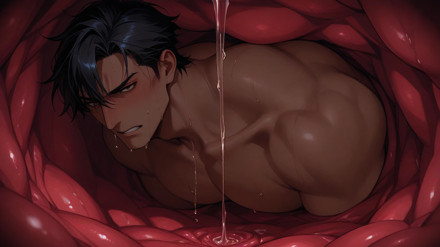 Two naked men covered in bodily fluids, semen sex, blowjob, on all fours, licking the ground and other people's feet, visibly sweaty bodies, dark hair, multiple men, expressions of ecstasy and disgust, beautiful, badly torn clothing. , leaving behind torn clothes and a large amount of semen. Cumming face, drool, and lots of tentacles. Ripped business suits, blowjobs, and buttholes. A large amount of semen comes out. Cloudy semen all over the body, sweat all over the body, erotic anime fantasy video centered on men, half-torn suit, black hair, muscular body, short hair, tentacles, muscular man, naked, multiple men, sucking a dick, butt, homosexuality, gay, dick, His testicles, a lot of sweat and transparency all over his body, multiple men, his hands and feet restrained by tentacles, and a large amount of semen flying out of his butthole. Crawling on all fours and licking the ground or other people's feet.