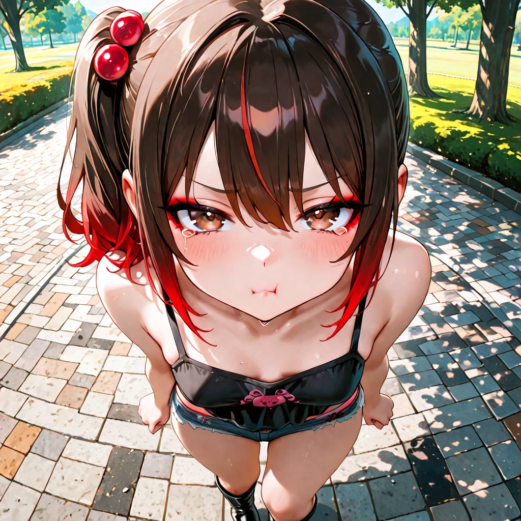 ((anime:1.35)),((best quality)), ((highly detailed)),(((sketch))) extremely detailed face, beautiful face,((1girl)),((solo)),shiny skin,((cowboy shot)),(tall body, tall, long legs, mature female, mature, adult),Harumaki, red eyes, brown hair, low twintails,red scrunchie, blunt bangs,hairclip, ((nude:1.35))((nude:))((nude:))nipples,large areolae ,(small breasts:1.15)
,((pussy:1.45)),((pussy))((pussy)) ,((pussy)) ,((pussy)) ,((nose blush:1.15)),(thick thighs),,(bad mood:1.1),(looking at viewer),BREAK  ((stairs:1.35)),((squatting:1.35))((outdoors)),,BREAK ((spread legs:1.55)),((red thighhighs:1.25)) ,BREAK ((dark brown shoes:1.15)),arm behind back,

