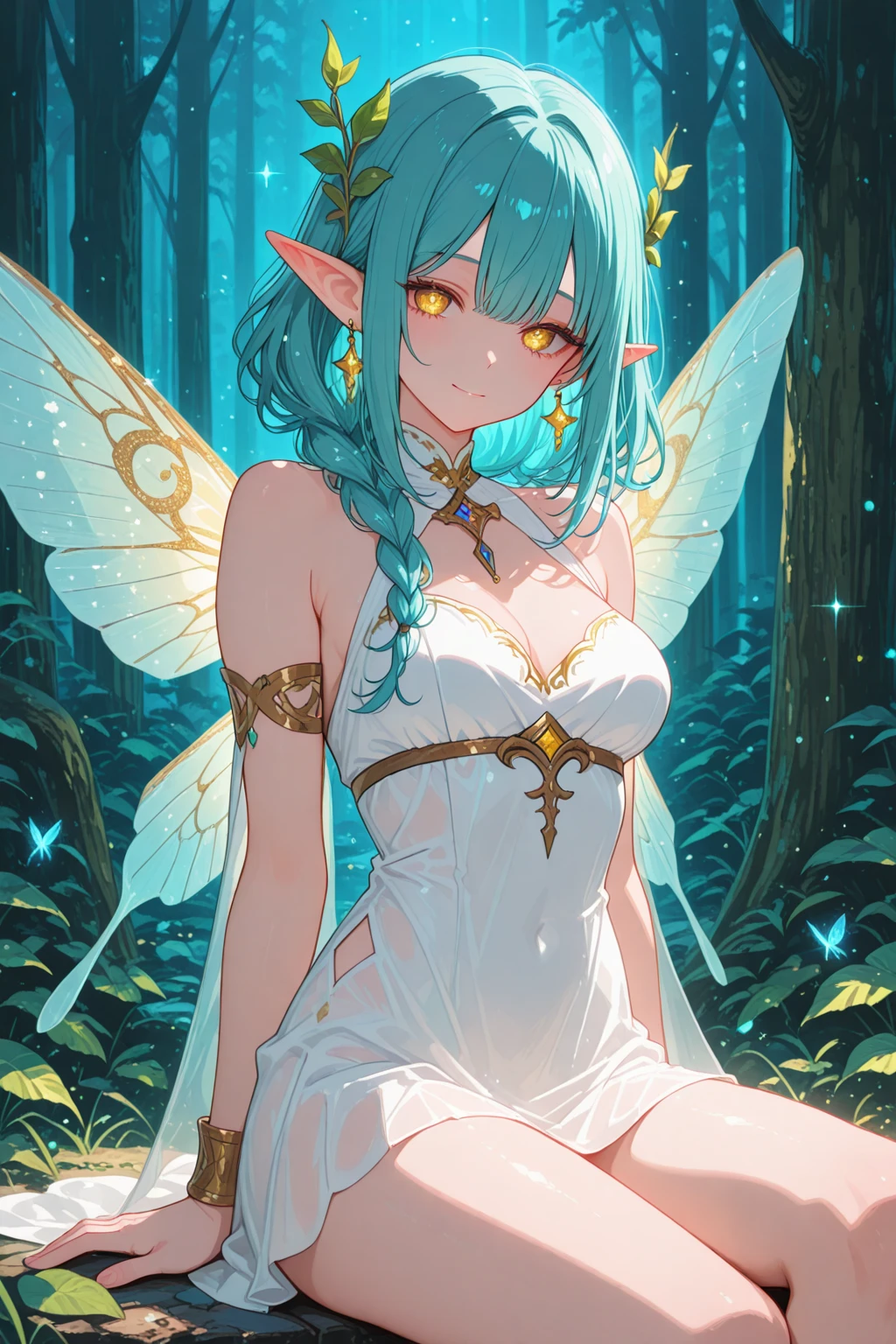 (masterpiece, best_quality, ultra-detailed, immaculate:1.3), epic, illustration, 1girl, Vavang sprite,fairy wings, see-through gossamer, , in a horrifying mushroom forest, bombshell hair, iridescent copper hair, Deep Side Part, \o/<lora:EnvyBeautyMix46:1>