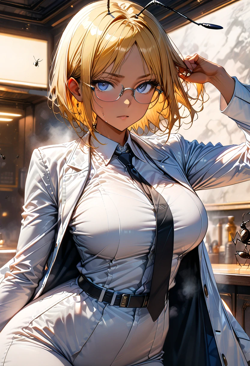High resolution, 2D anime style,blue eyes beautiful eyes,high and beautiful nose,Skinny face,boyish blonde short hair,Short up-hair,cool woman,beautiful clock,Chest is slightly larger,she looks very happy,biting one's lips, she was very angry, she narrows her eyes,she wears glasses,Fashion that shows cleavage, Wearing an unbuttoned white shirt,leather red pants,Wearing a long black coat, Formal fashion,wear a coat,Sitting in an office chair,company office