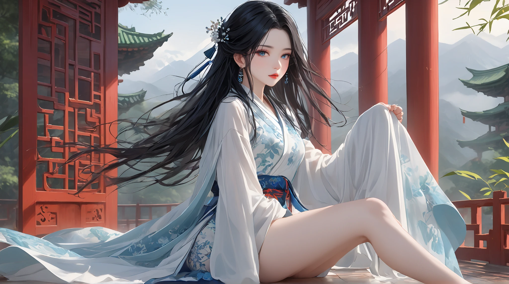 (masterpiece, best quality:1.2), 1girl, Hanfu, （Dress conservatively：1.3）, Delicate and beautiful face, Mature, Smile, Black hair, Purple Eyes, Sitting, Slim legs, (Long thin legs:1.2), (Ink stains) beautiful figure painting, Clothing ink style, traditional Chinese painting, Ink Bismuth, from above, masterpiece, high details