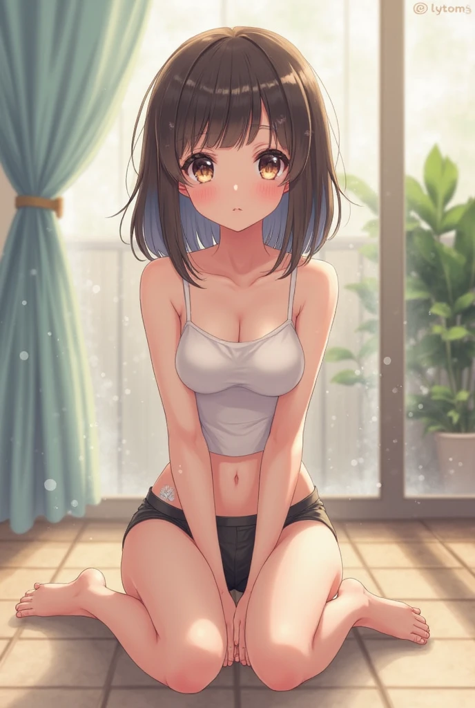 ((4k, masterpiece, highest quality)), 1 girl, anime, short hair, red eyes, big breasts, cute, blush, Sweat,check pleated skirt, underwear, spread your legs, Wet, white tank top, barefoot, Y word, whole body