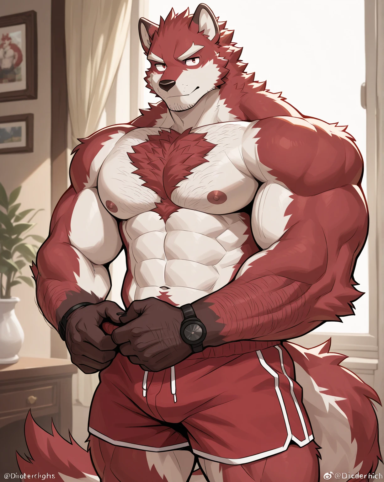 by Seamonsterping, (1boy), solo, male, (crimson wolf), white countershading, naked, bara, sexy, handsome, adults, (detailed black eyes), white eyebrows, (a detailed big hard male genital), erection, thick body, nipple; masterpiece, high res, best quality, 8k, nsfw, full-body portrait