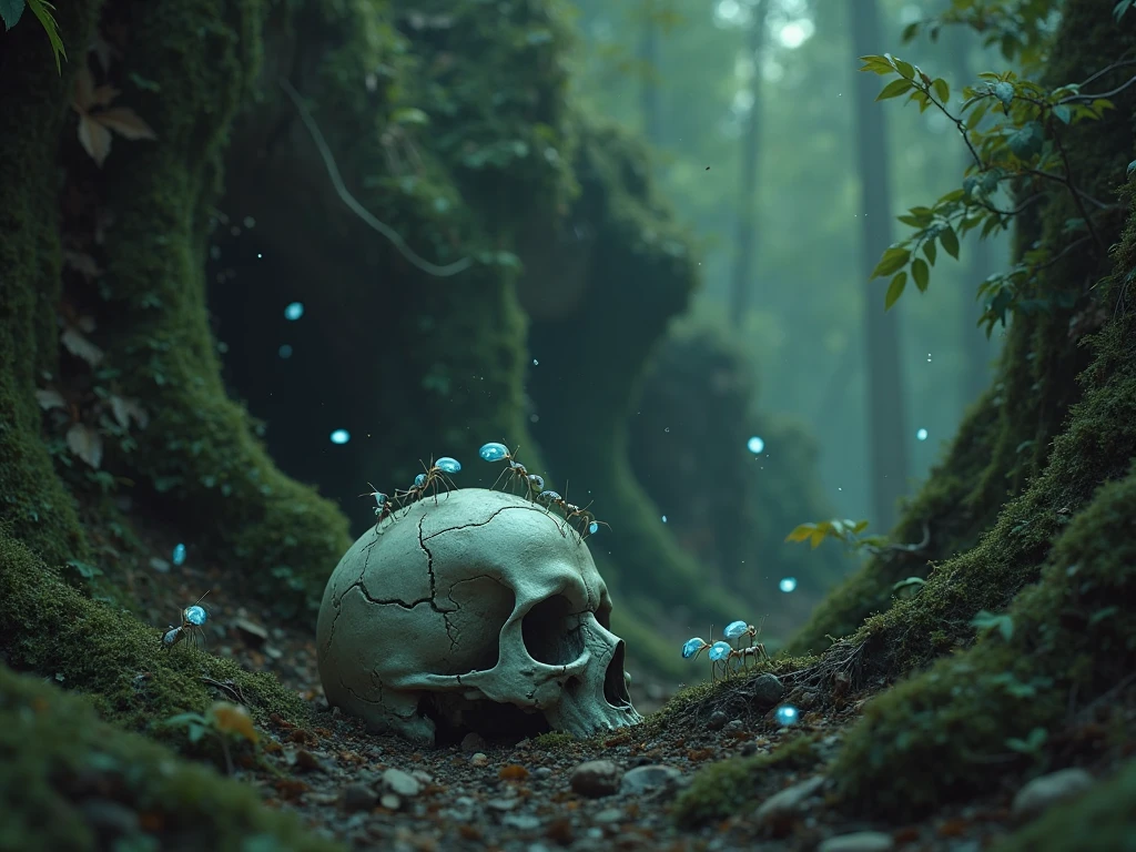 buffalo skull anthill lying on the ground, detailed, 3D rendered, around neon flowers and grass and fireflies, photorealistic, magical dark style
