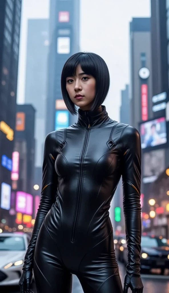 (8k, RAW Photos, highest quality, masterpiece:1.2), (Realistic, photo-Realistic:1.37),(Japanese Idols), cute,Professional Lighting, Photon Mapping, Physically Based Rendering, Cosplay, Lucy ,(cyber punk),Bobcut,Machinery Parts,Grey Eyes, Black rubber material,(Bodysuits),cyber punk city, (Black trousers,High leggings:1.3),night,Neon Light,sexy,cigarette, View audience,, 8K High Resolution, 8k, CG wallpaper, Realistic, Clear Background, Medium Chest, whole body, ((Erect nipples:0.8 ))