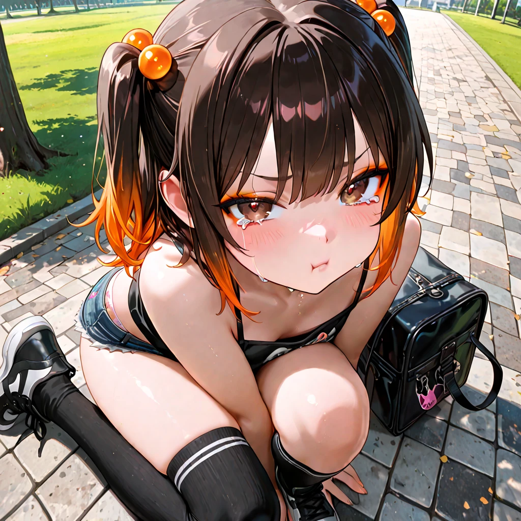 small girl, sits on the floor , short skirt, the perineum is visible, open breasts, TITTIES,18+, Cat's ears, opened mouth, sperm flows from mouth, hairy pussy, kneeling, Piska is visible, Your ass is visible, sperm in the crotch