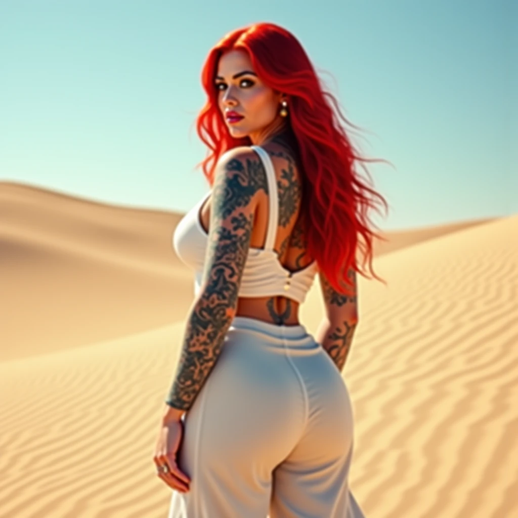 (best quality,8k,highres,Meisterwerk:1.2),Ultra-detailliert,realistisch,Physikalisch basiertes Rendering,Bunt,Desert,im hintergrund eine staubige alte farm in nevada, Weitschuss, Frontalaufnahme, eine person, female, 33 Jahre, 195 cm large, large, Stark, stehend, rundlich, Kurvig, Oversize, Overweight bright red hair, sehr kurze rote Haare, Hourglass body shape, vollbusig, ehr largee Brüste, massive wide hips, wide hips, largeer Hintern wie ein Pferd, starke oberschenkel, massiver Oberschenkel, Camouflage-Mikrobikini, Armeestiefel, freundlich grinsend